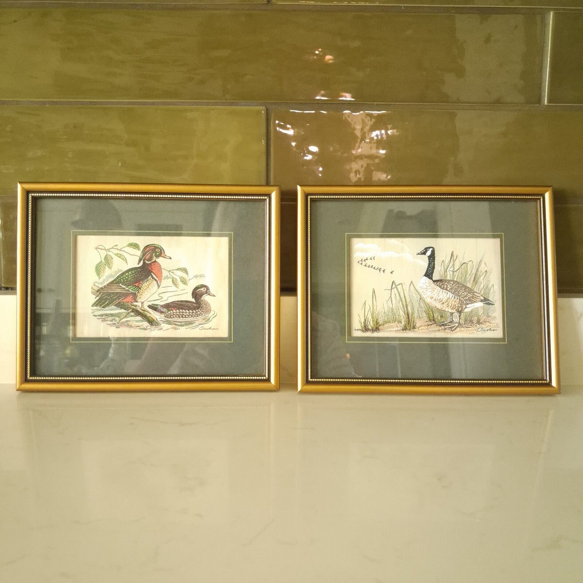 Vintage J & J Cash Woven Silk Bird Pictures Framed Set - Canada Goose & Wood Ducks Jacquard Loom Art