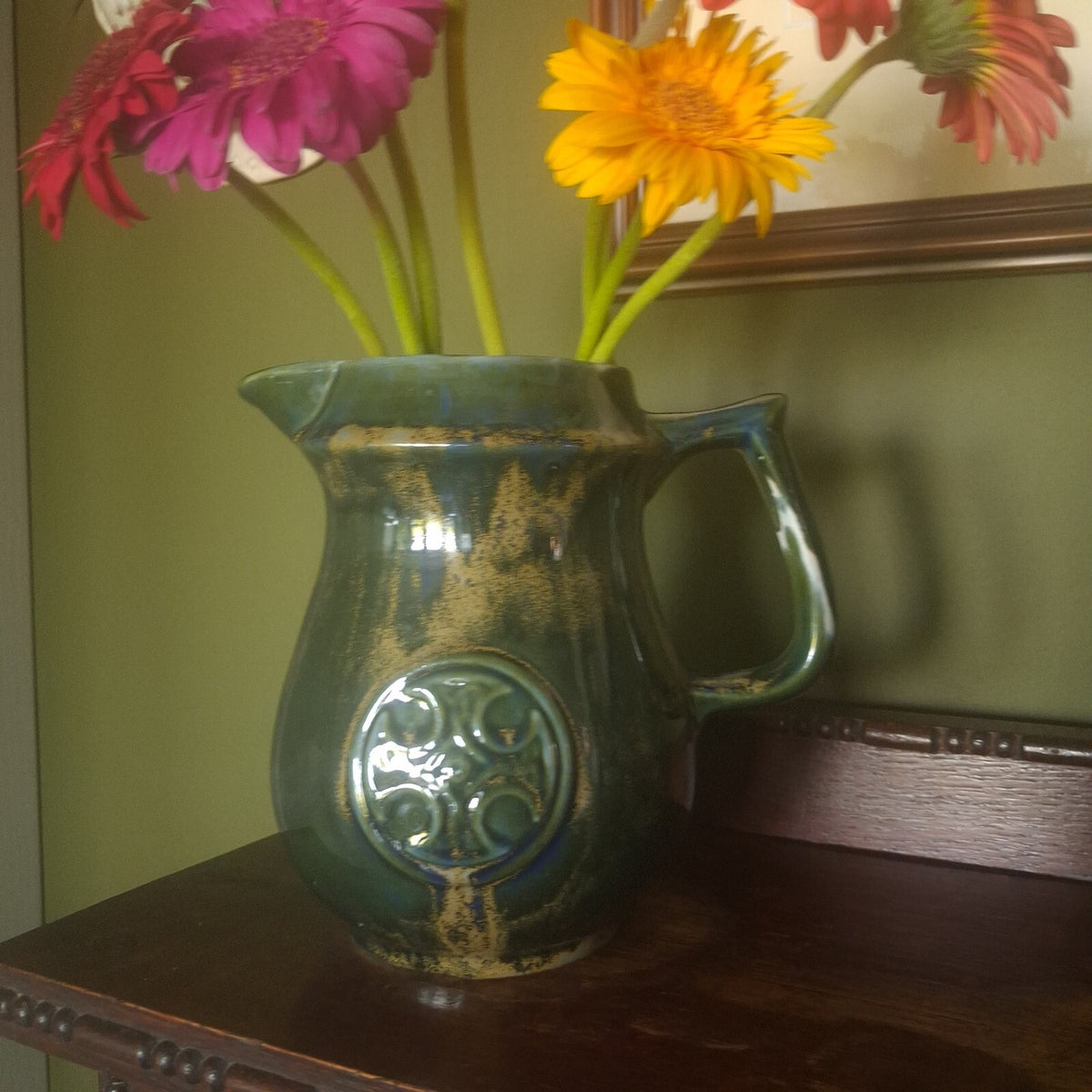 Porthmadog Studio Pottery Jug Vase – Green & Blue Drip Glaze – Celtic Medallion