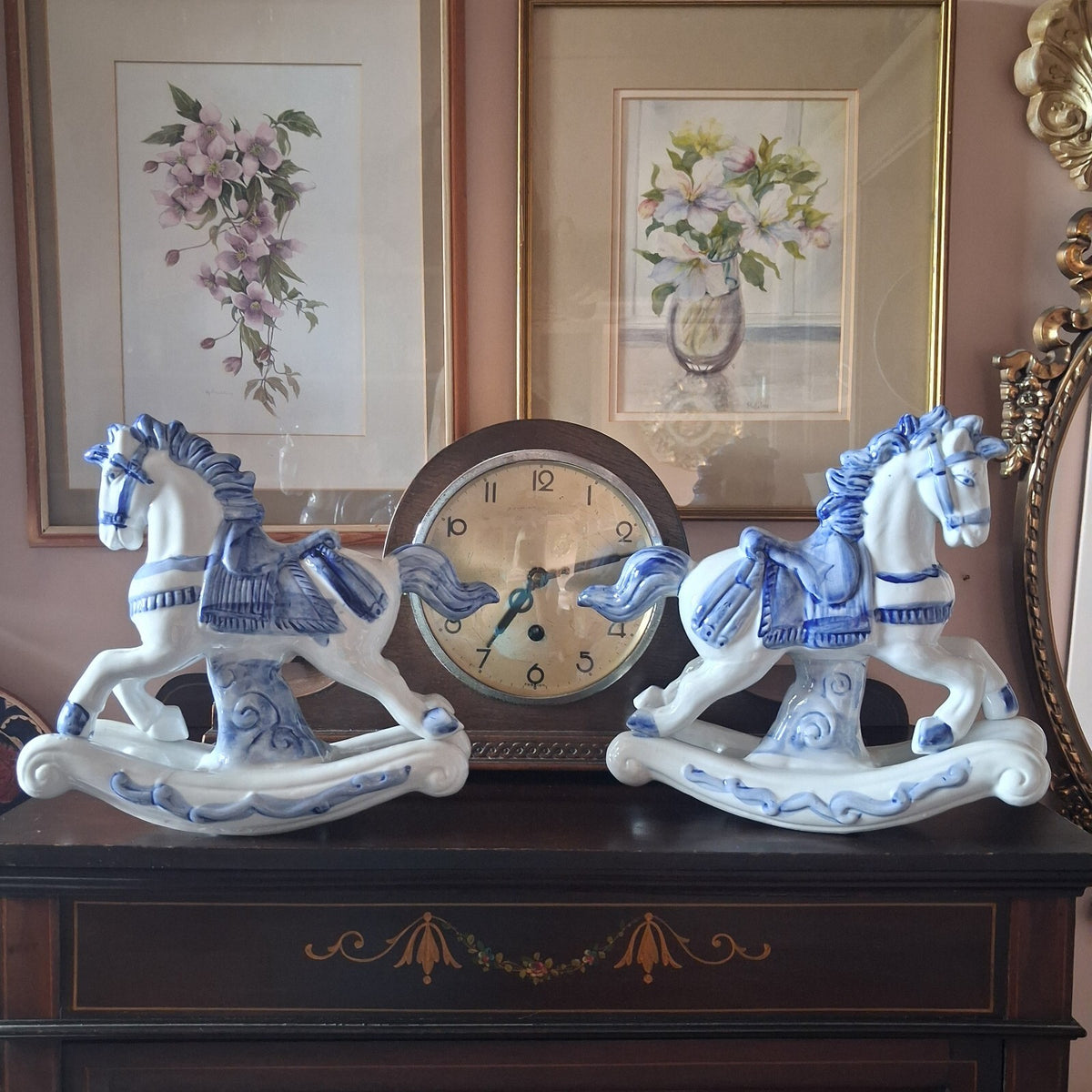 Large Vintage Blue and White Porcelain Rocking Horse Figurines 10" tall