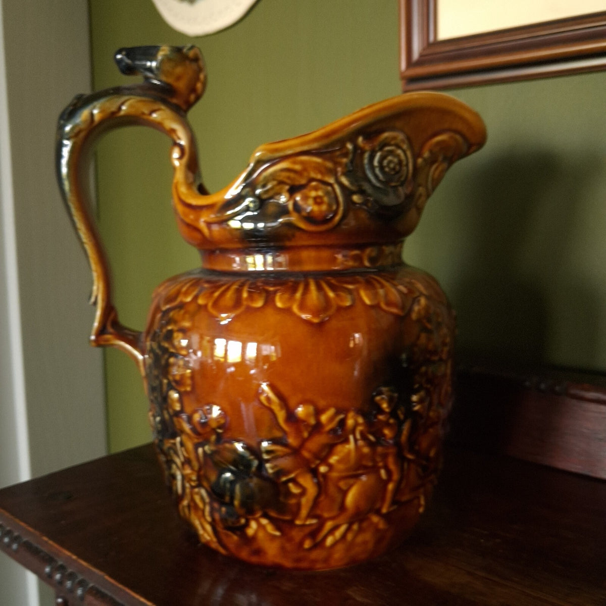 Arthur Wood Brown Relief Hunting Scene and horse head handle Ceramic Jug Pitcher