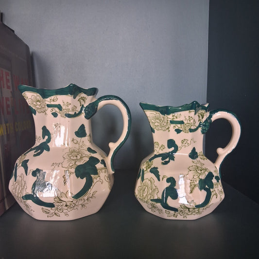 Pair of Vintage Mason's Ironstone Green Chartreuse Hydra Jugs Graduated Pitchers