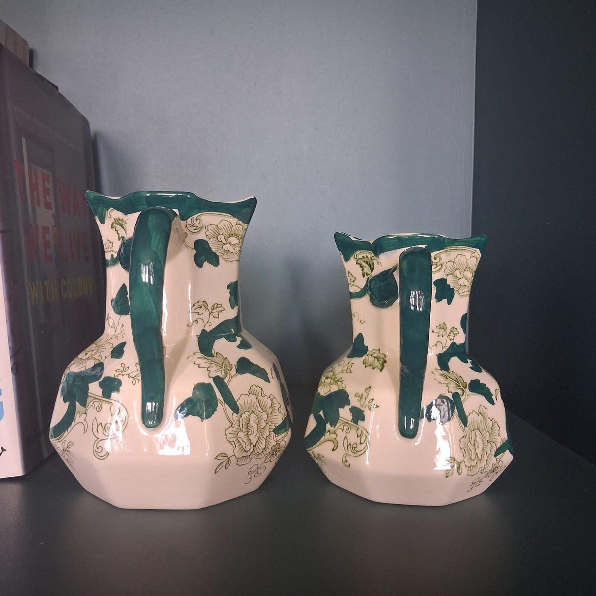 Pair of Vintage Mason's Ironstone Green Chartreuse Hydra Jugs Graduated Pitchers