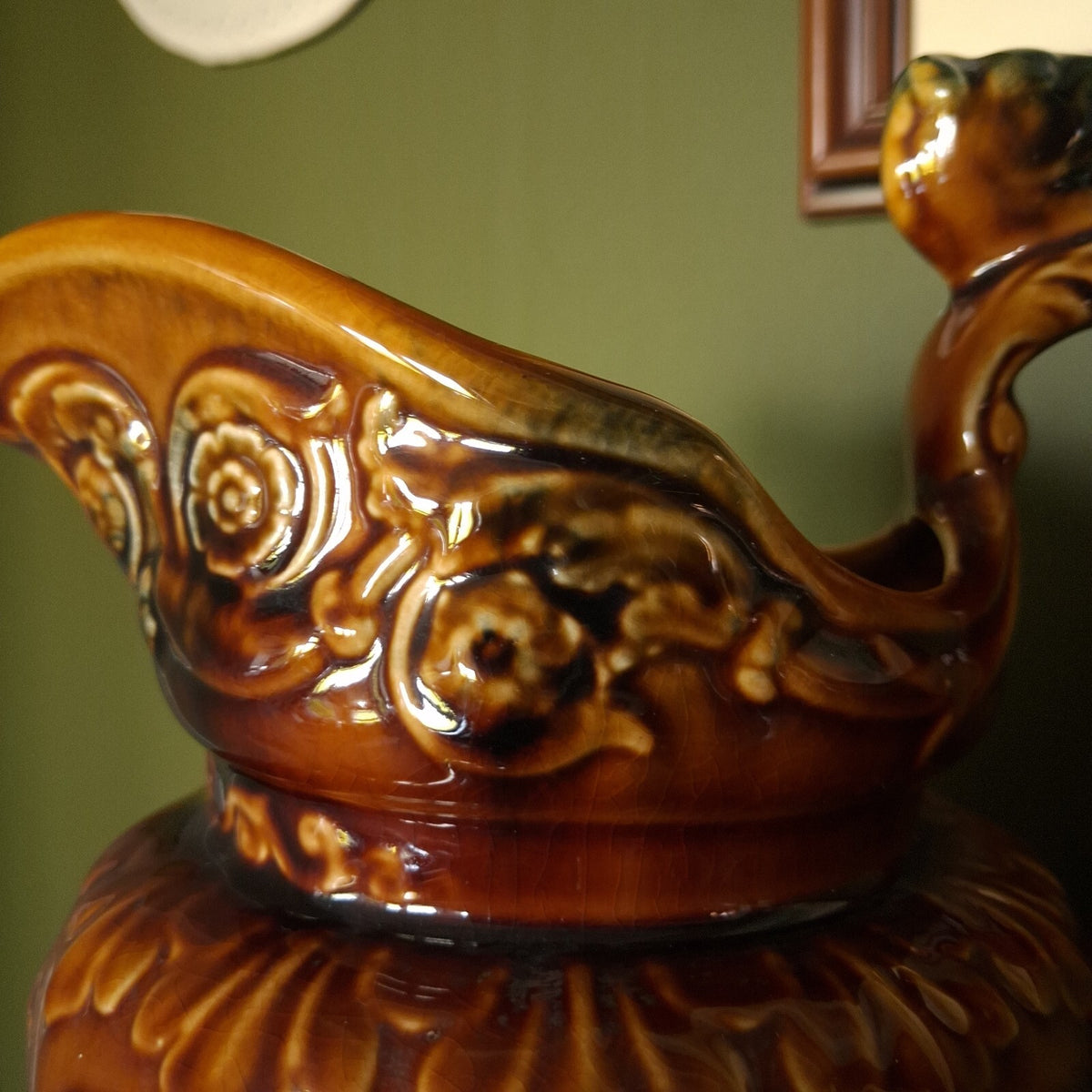 Arthur Wood Brown Relief Hunting Scene and horse head handle Ceramic Jug Pitcher