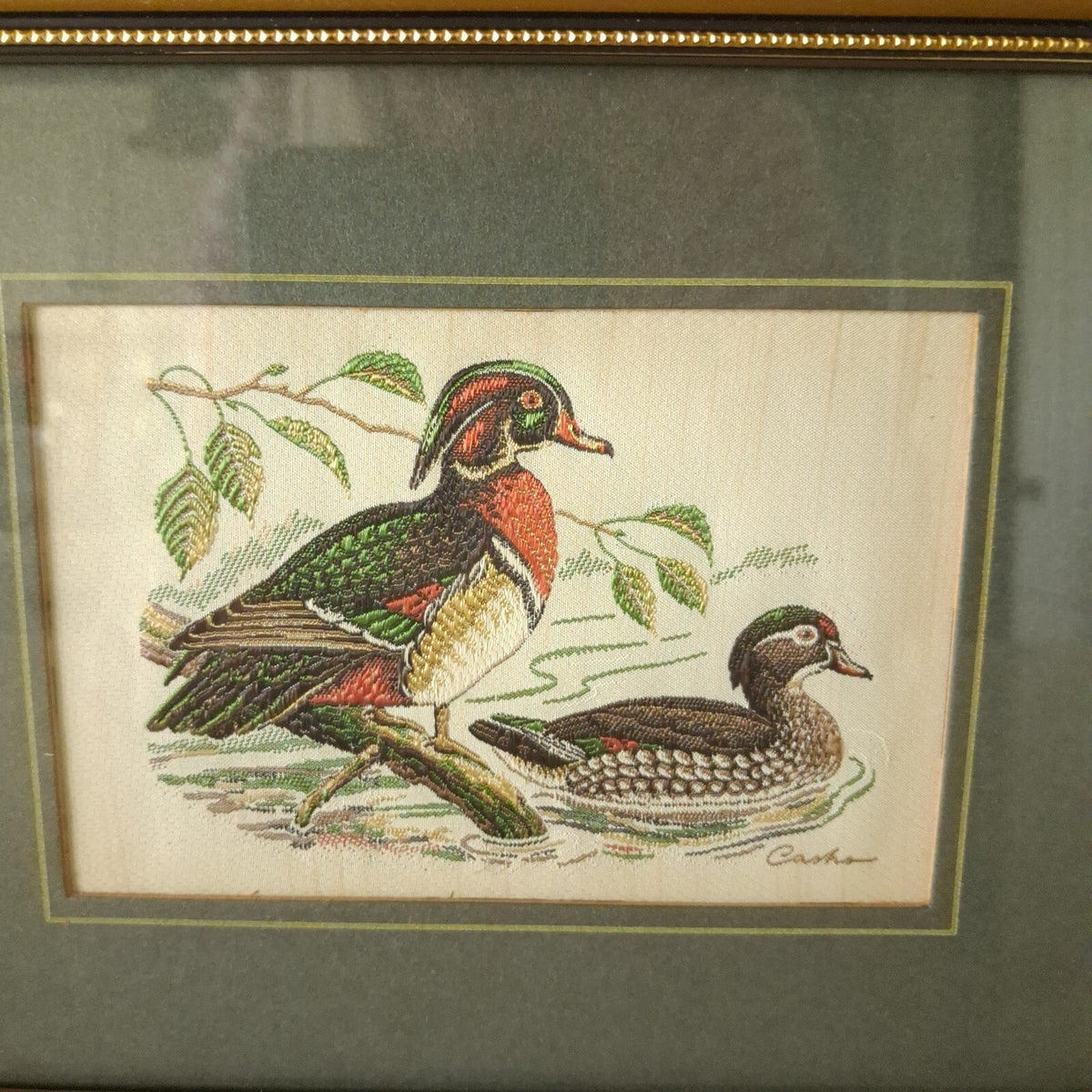 Vintage J & J Cash Woven Silk Bird Pictures Framed Set - Canada Goose & Wood Ducks Jacquard Loom Art
