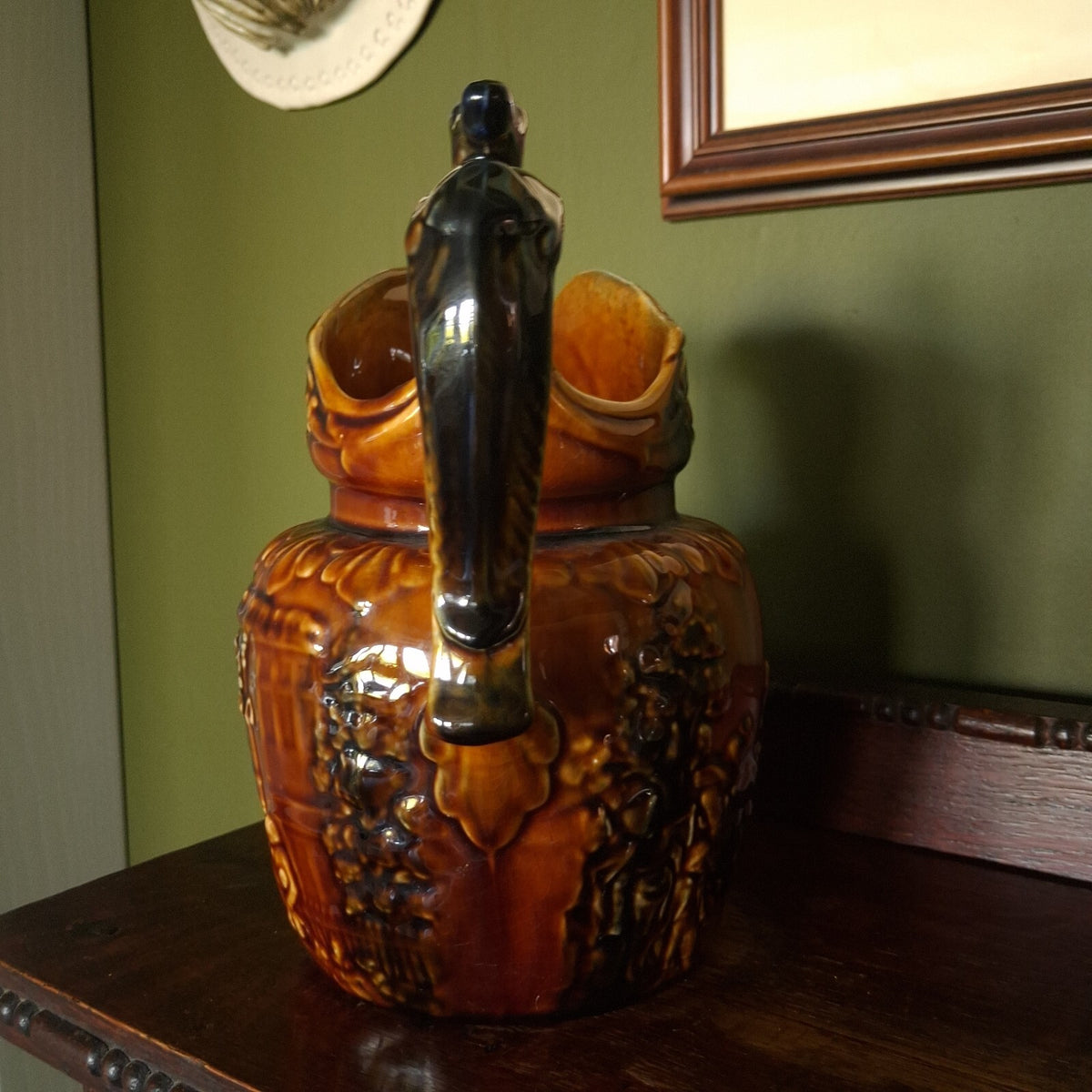 Arthur Wood Brown Relief Hunting Scene and horse head handle Ceramic Jug Pitcher