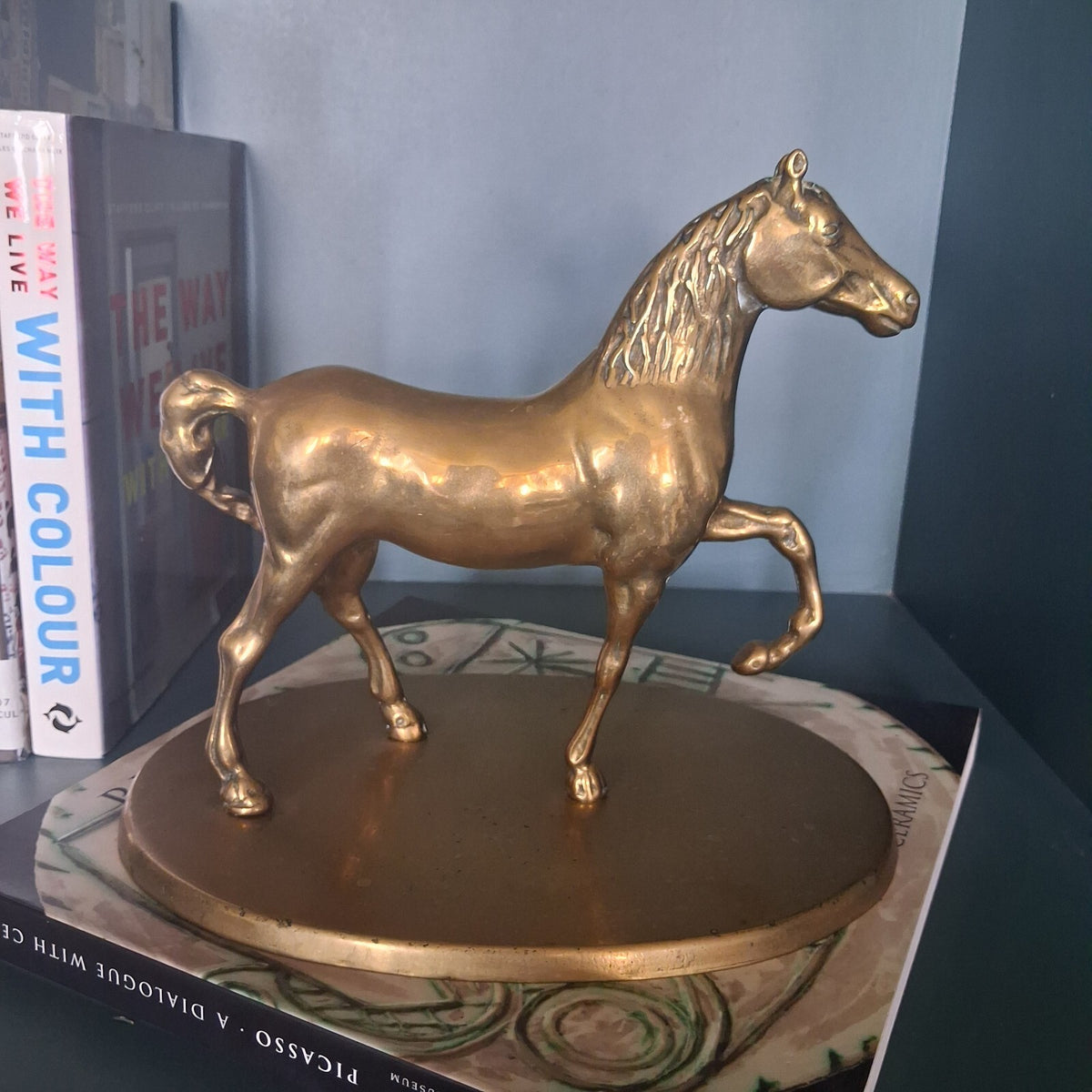 Vintage Large Brass Horse Statue on Oval Pedestal Base, 9" Tall Heavy Brass