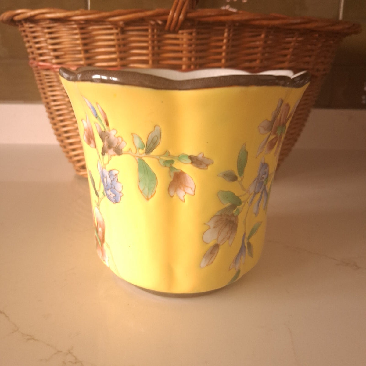 Vintage Parlane Hand-Painted Ceramic Cachepot Planter with Scalloped Rim