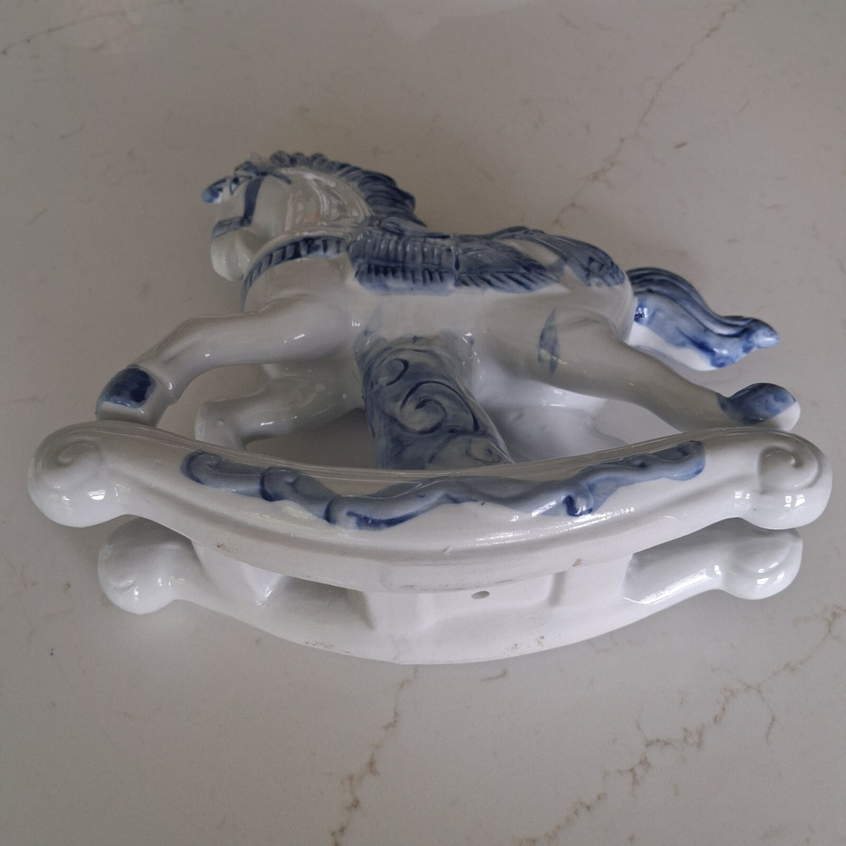 Large Vintage Blue and White Porcelain Rocking Horse Figurines 10" tall