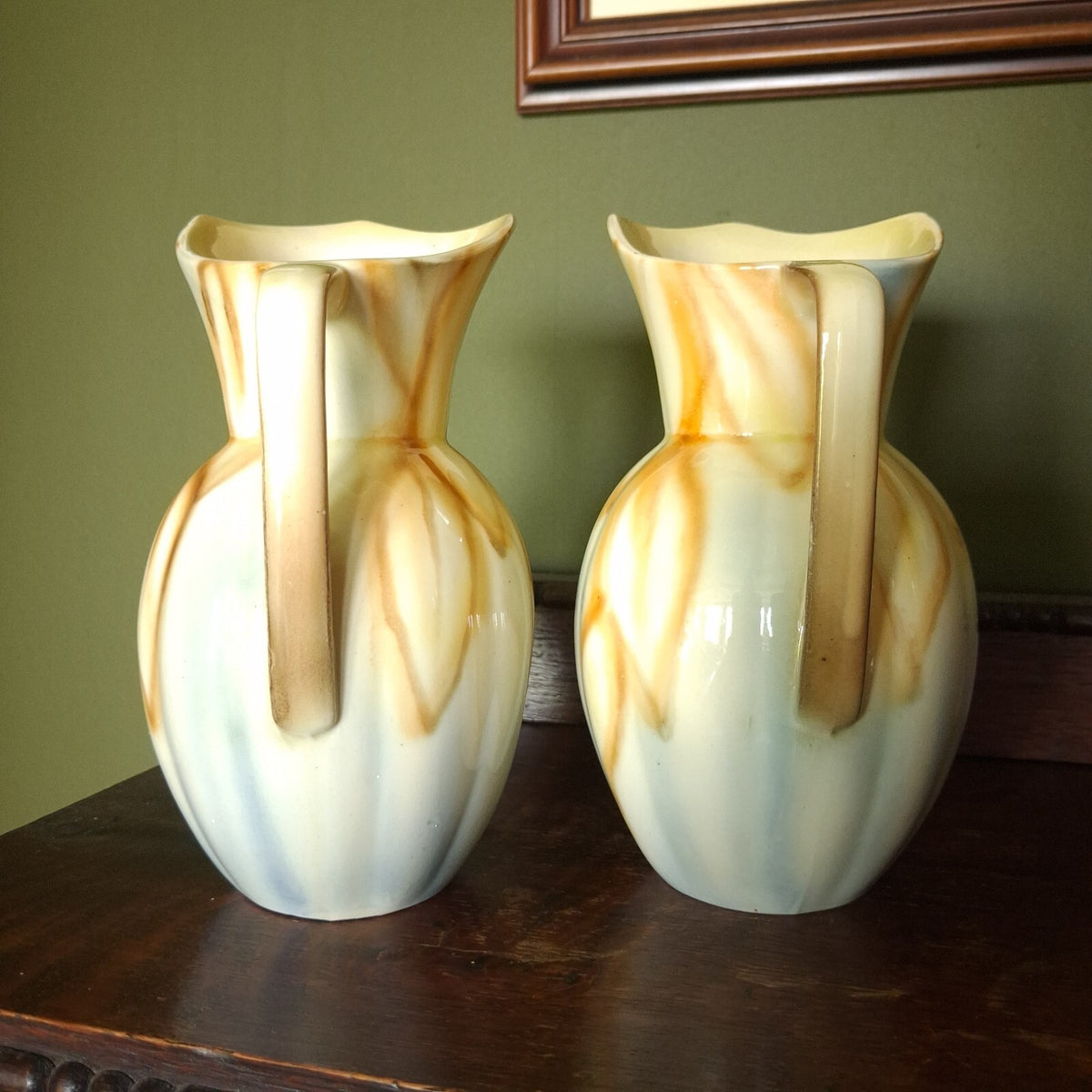 A pair of Vintage Falcon Ware Art Deco Jugs, with a brown, cream and blue glaze