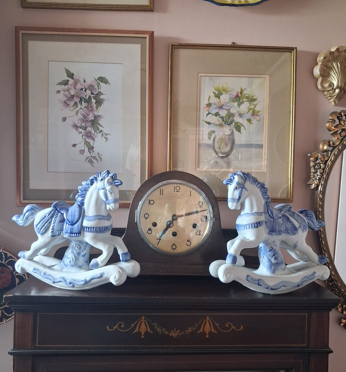 Large Vintage Blue and White Porcelain Rocking Horse Figurines 10" tall