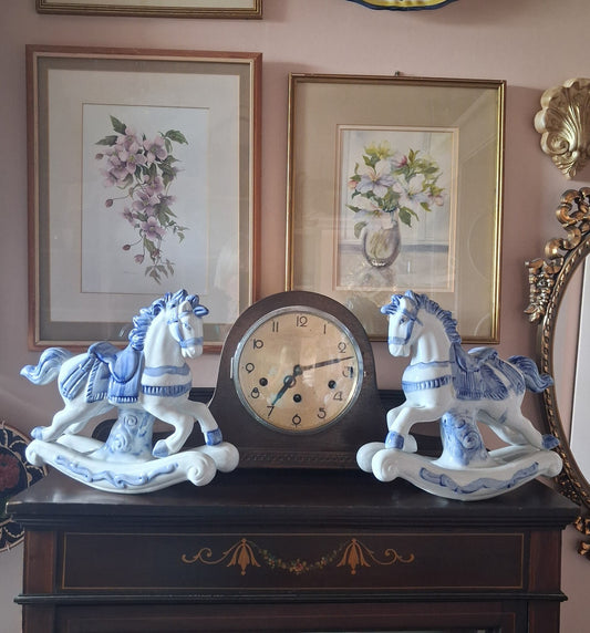 Large Vintage Blue and White Porcelain Rocking Horse Figurines 10" tall