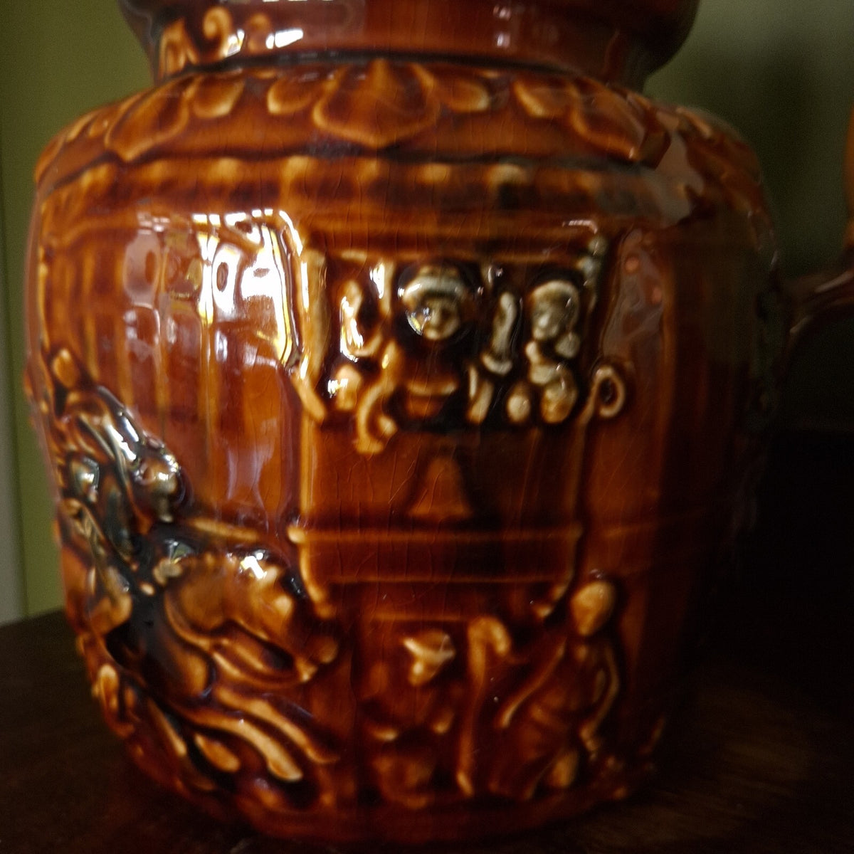 Arthur Wood Brown Relief Hunting Scene and horse head handle Ceramic Jug Pitcher