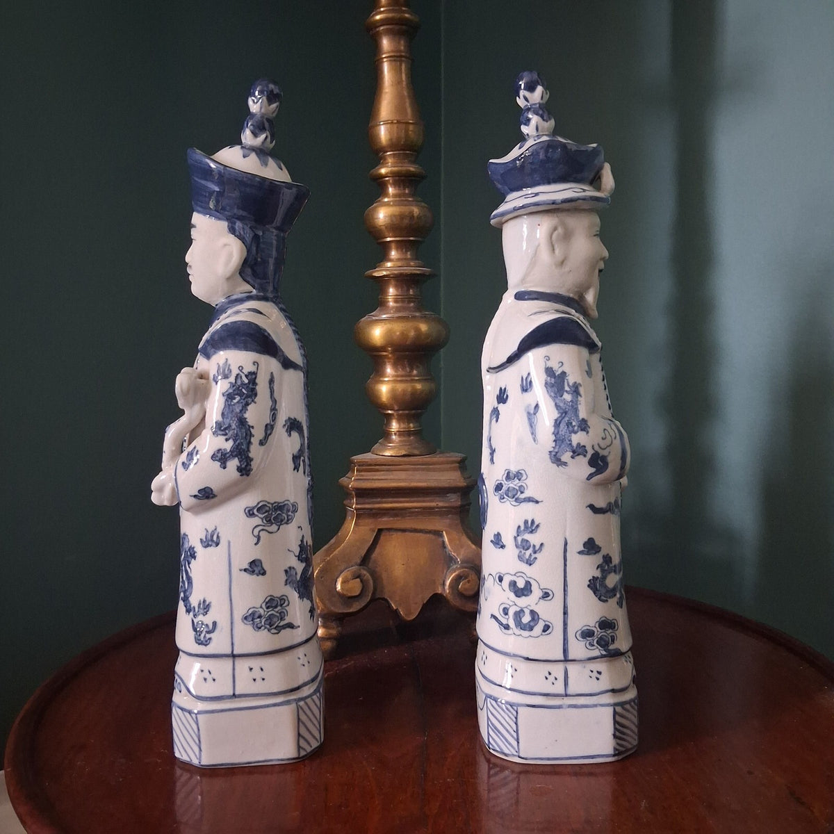 Vintage Blue and White Chinese Porcelain Emperor Figures - Pair of 13"