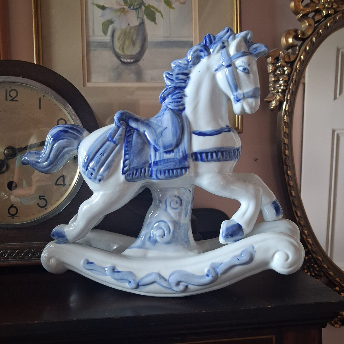 Large Vintage Blue and White Porcelain Rocking Horse Figurines 10" tall