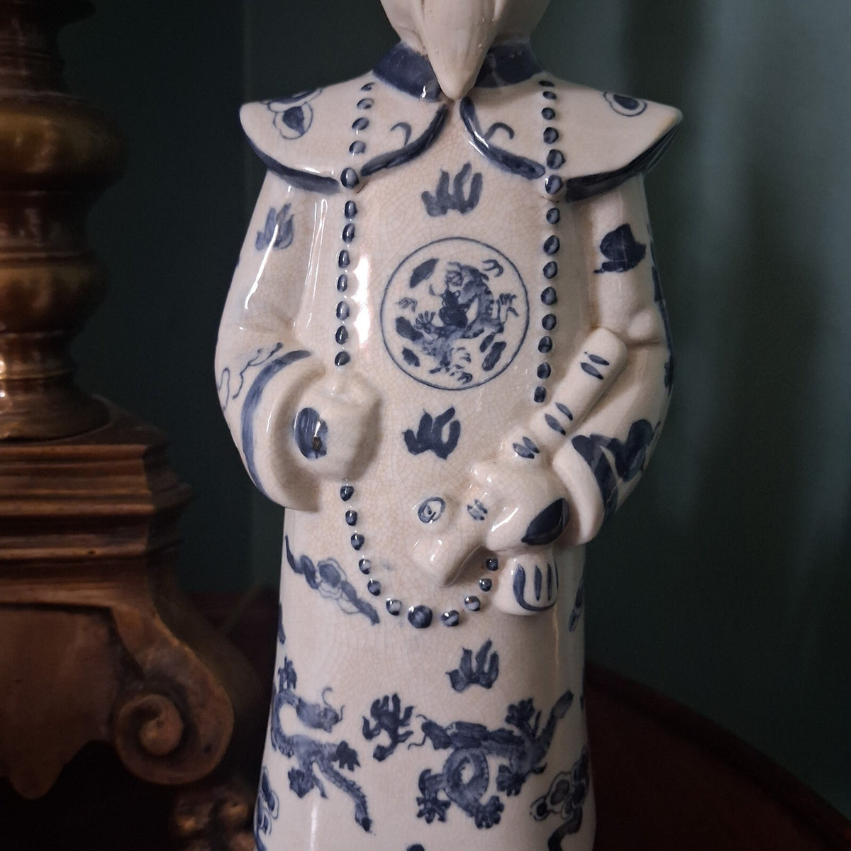 Vintage Blue and White Chinese Porcelain Emperor Figures - Pair of 13"
