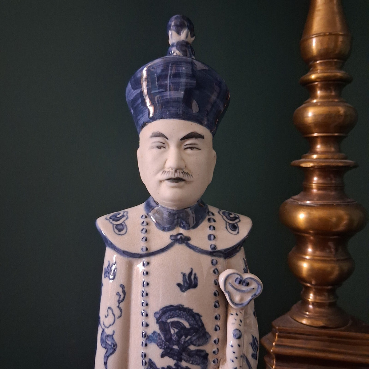 Vintage Blue and White Chinese Porcelain Emperor Figures - Pair of 13"