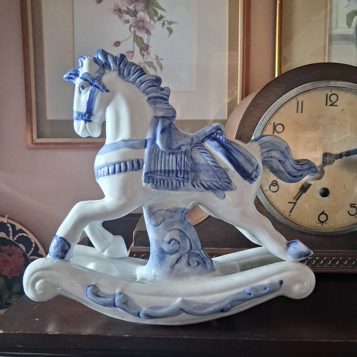 Large Vintage Blue and White Porcelain Rocking Horse Figurines 10" tall