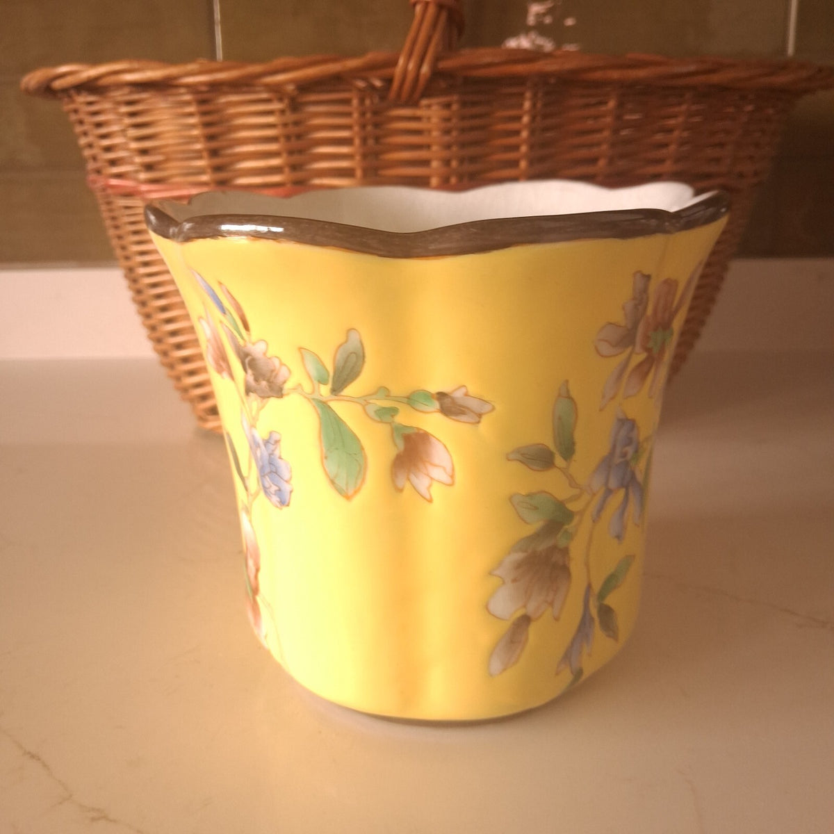 Vintage Parlane Hand-Painted Ceramic Cachepot Planter with Scalloped Rim