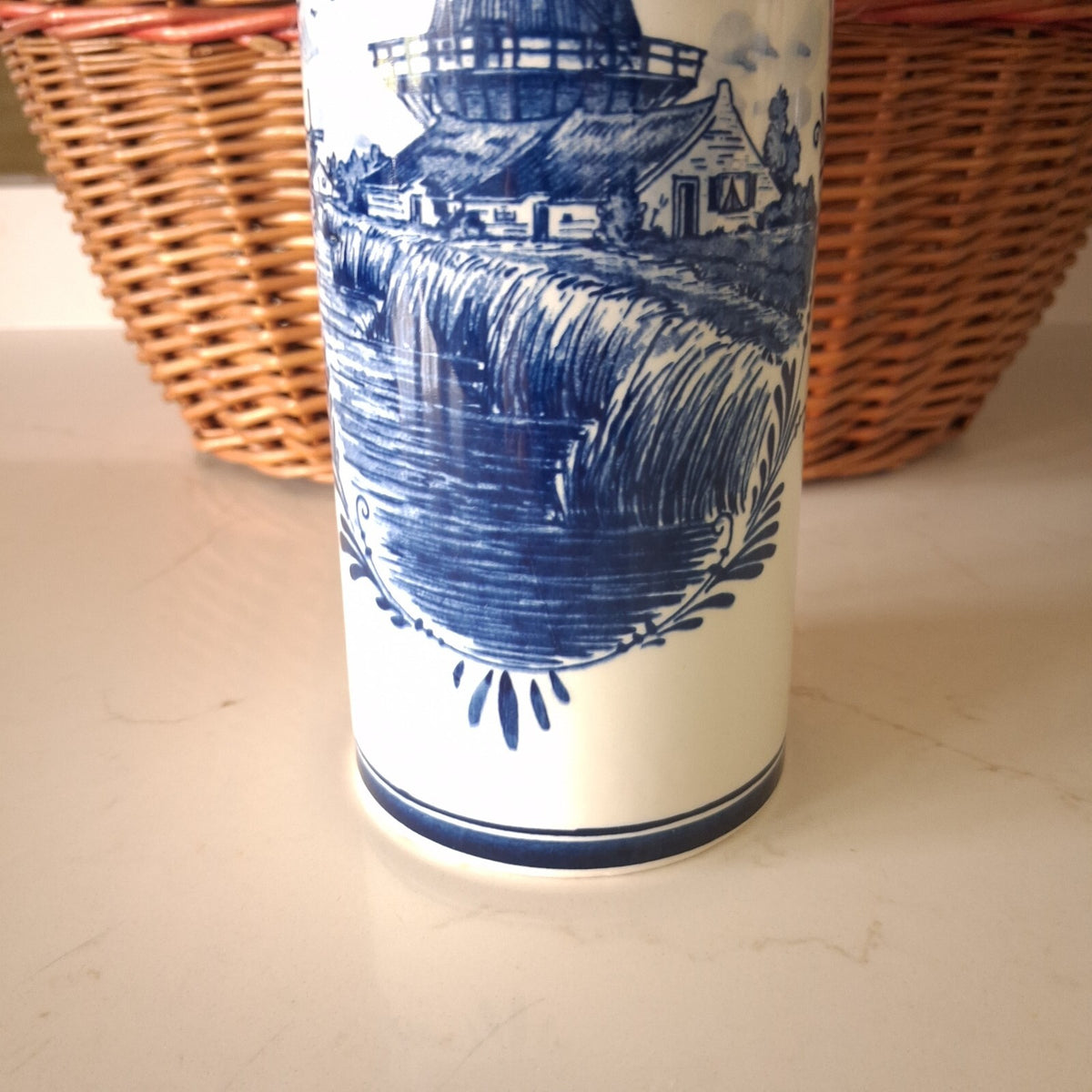 Vintage Lucas Bols Delft Blue Ceramic Decanter with Stopper, Hand Painted 11.5"