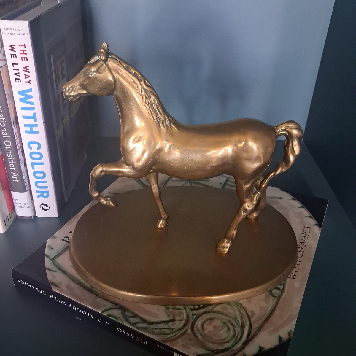 Vintage Large Brass Horse Statue on Oval Pedestal Base, 9" Tall Heavy Brass