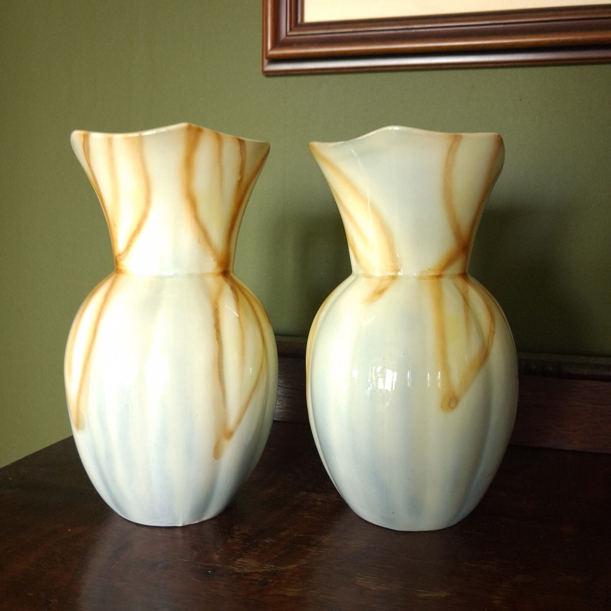 A pair of Vintage Falcon Ware Art Deco Jugs, with a brown, cream and blue glaze