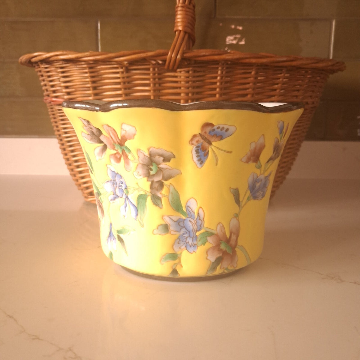 Vintage Parlane Hand-Painted Ceramic Cachepot Planter with Scalloped Rim