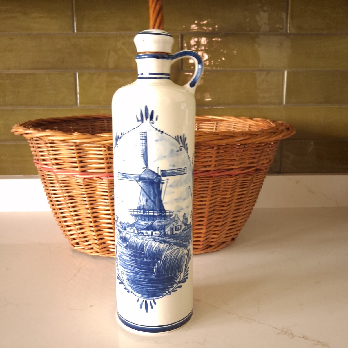 Vintage Lucas Bols Delft Blue Ceramic Decanter with Stopper, Hand Painted 11.5"