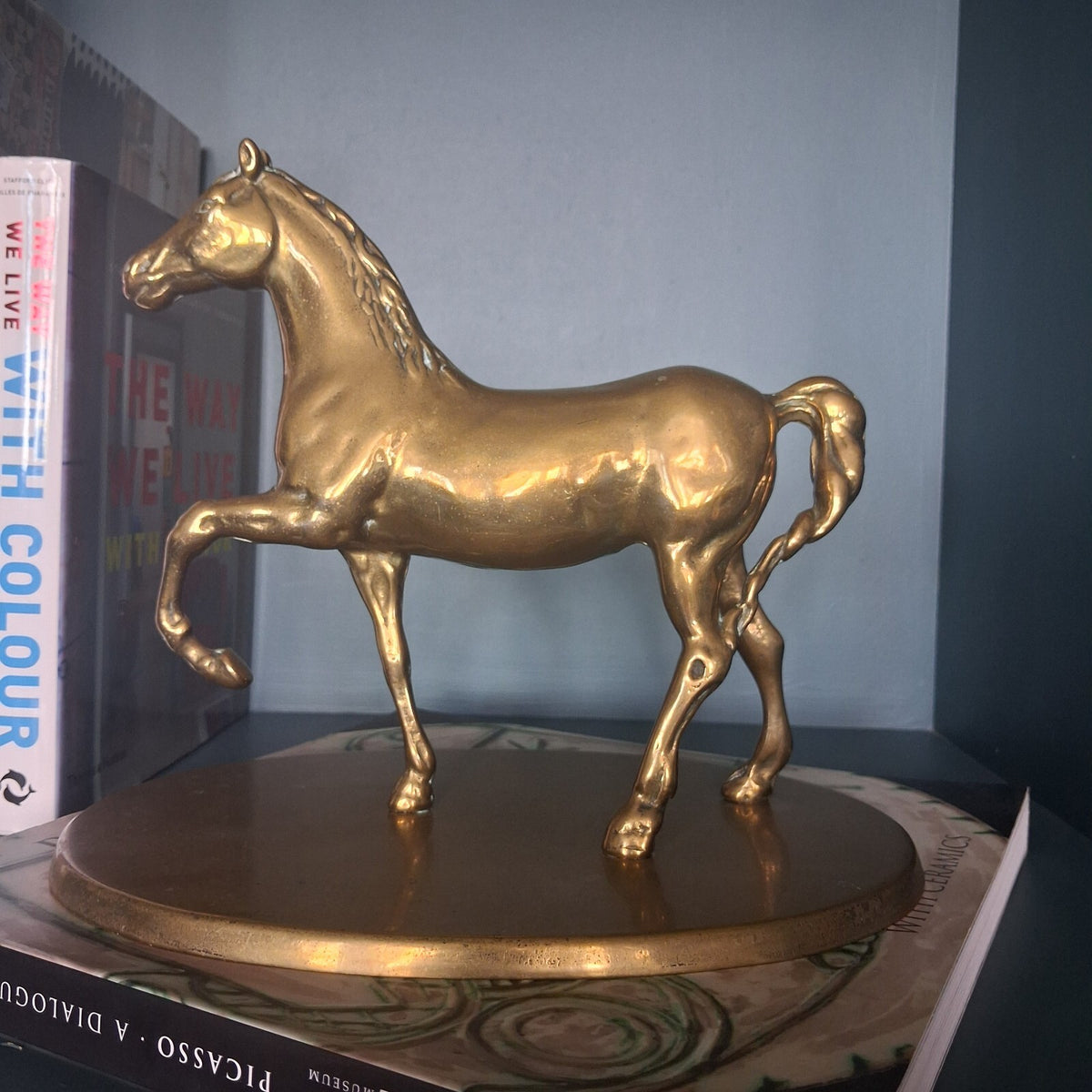 Vintage Large Brass Horse Statue on Oval Pedestal Base, 9" Tall Heavy Brass
