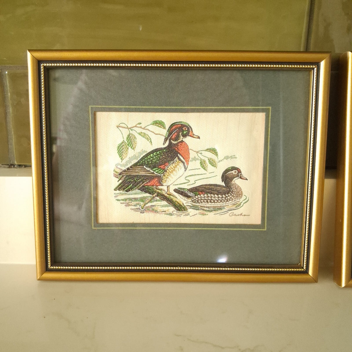 Vintage J & J Cash Woven Silk Bird Pictures Framed Set - Canada Goose & Wood Ducks Jacquard Loom Art