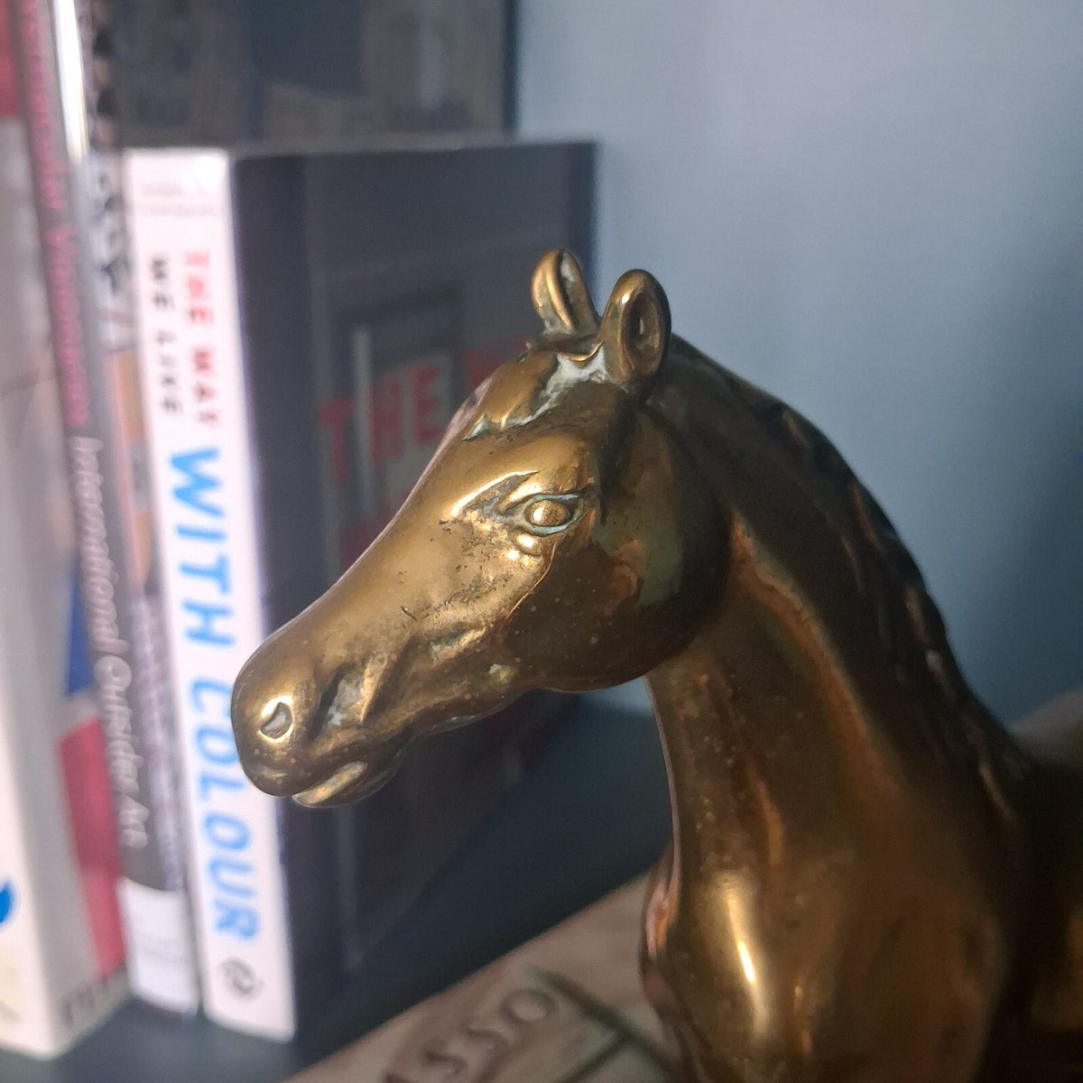 Vintage Large Brass Horse Statue on Oval Pedestal Base, 9" Tall Heavy Brass