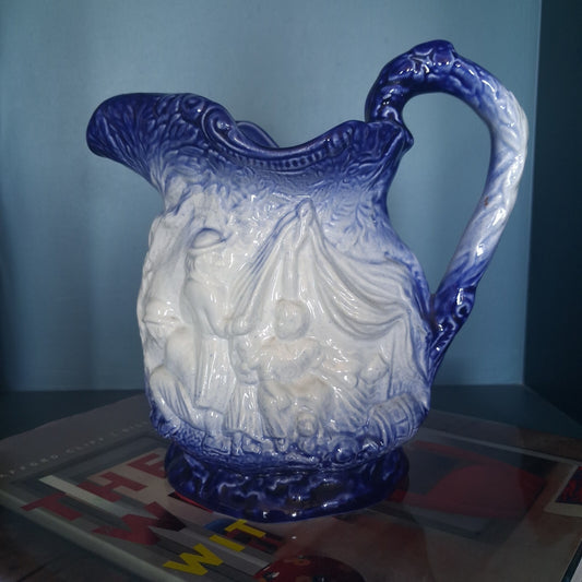 Vintage Burleigh Ironstone Blue White Relief Pitcher Jug Staffordshire