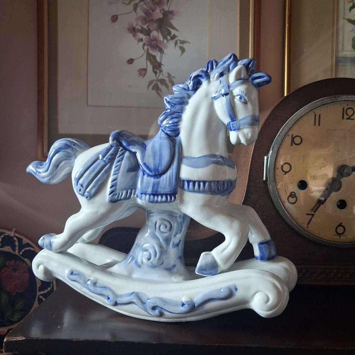 Large Vintage Blue and White Porcelain Rocking Horse Figurines 10" tall