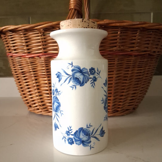 Vintage Portmeirion Pottery Blue Floral Ceramic Bottle with Cork Stopper