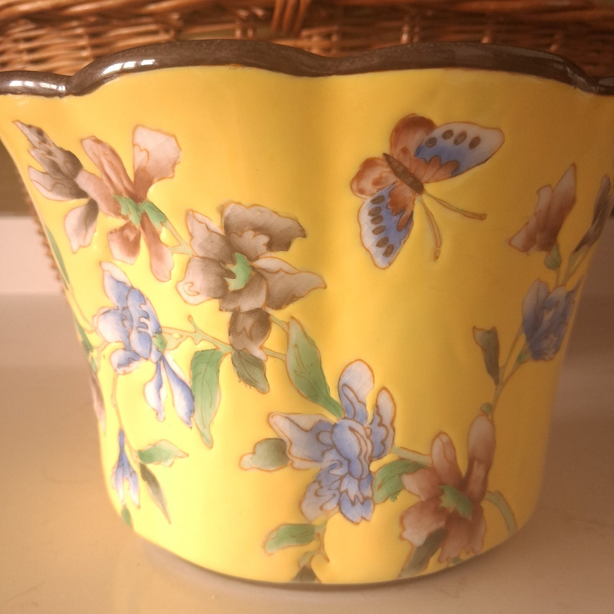 Vintage Parlane Hand-Painted Ceramic Cachepot Planter with Scalloped Rim