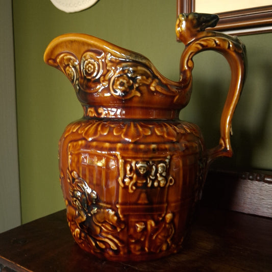 Arthur Wood Brown Relief Hunting Scene and horse head handle Ceramic Jug Pitcher