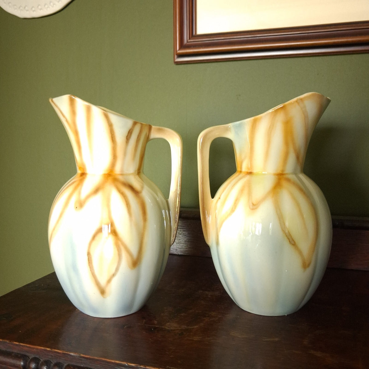 A pair of Vintage Falcon Ware Art Deco Jugs, with a brown, cream and blue glaze