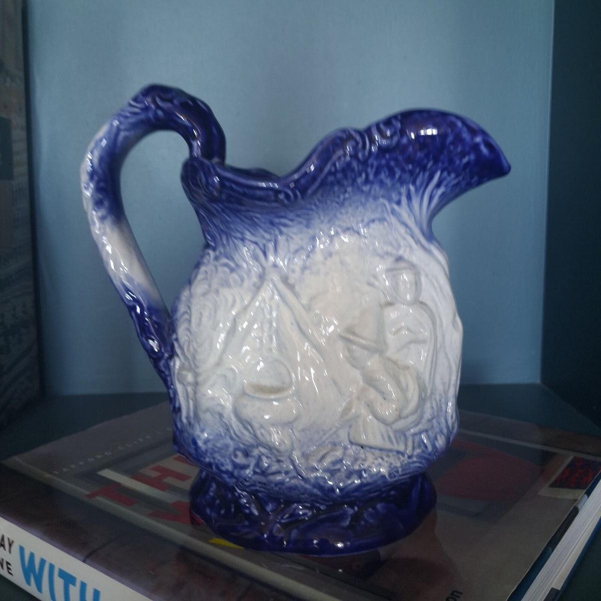 Vintage Burleigh Ironstone Blue White Relief Pitcher Jug Staffordshire