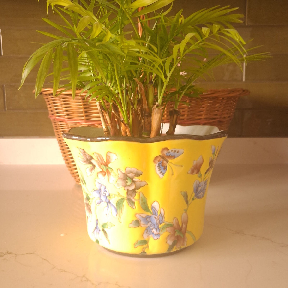 Vintage Parlane Hand-Painted Ceramic Cachepot Planter with Scalloped Rim