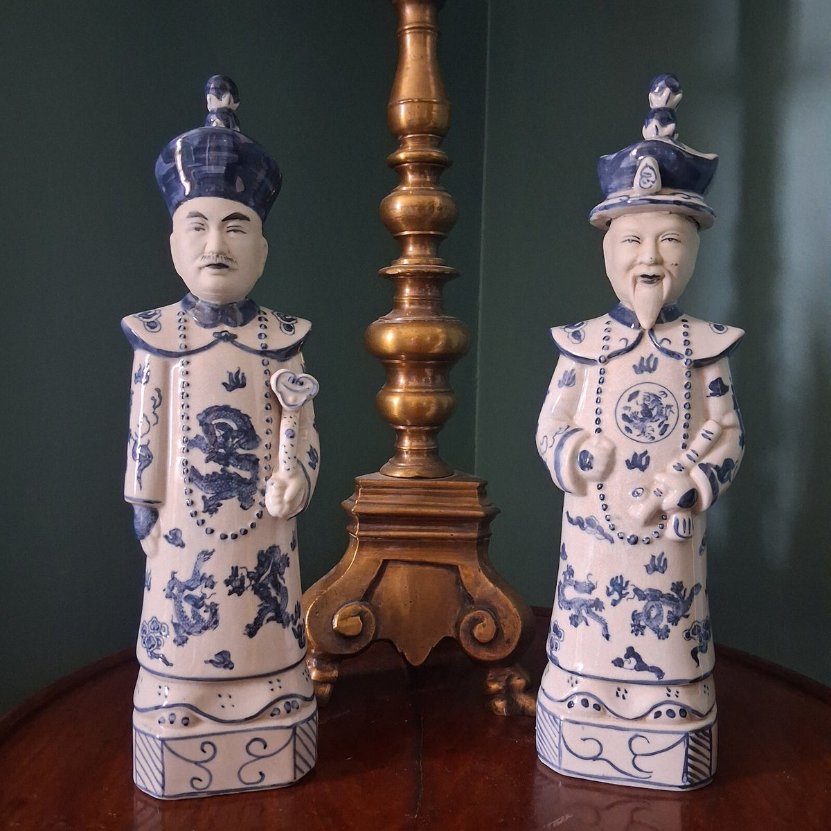 Vintage Blue and White Chinese Porcelain Emperor Figures - Pair of 13"