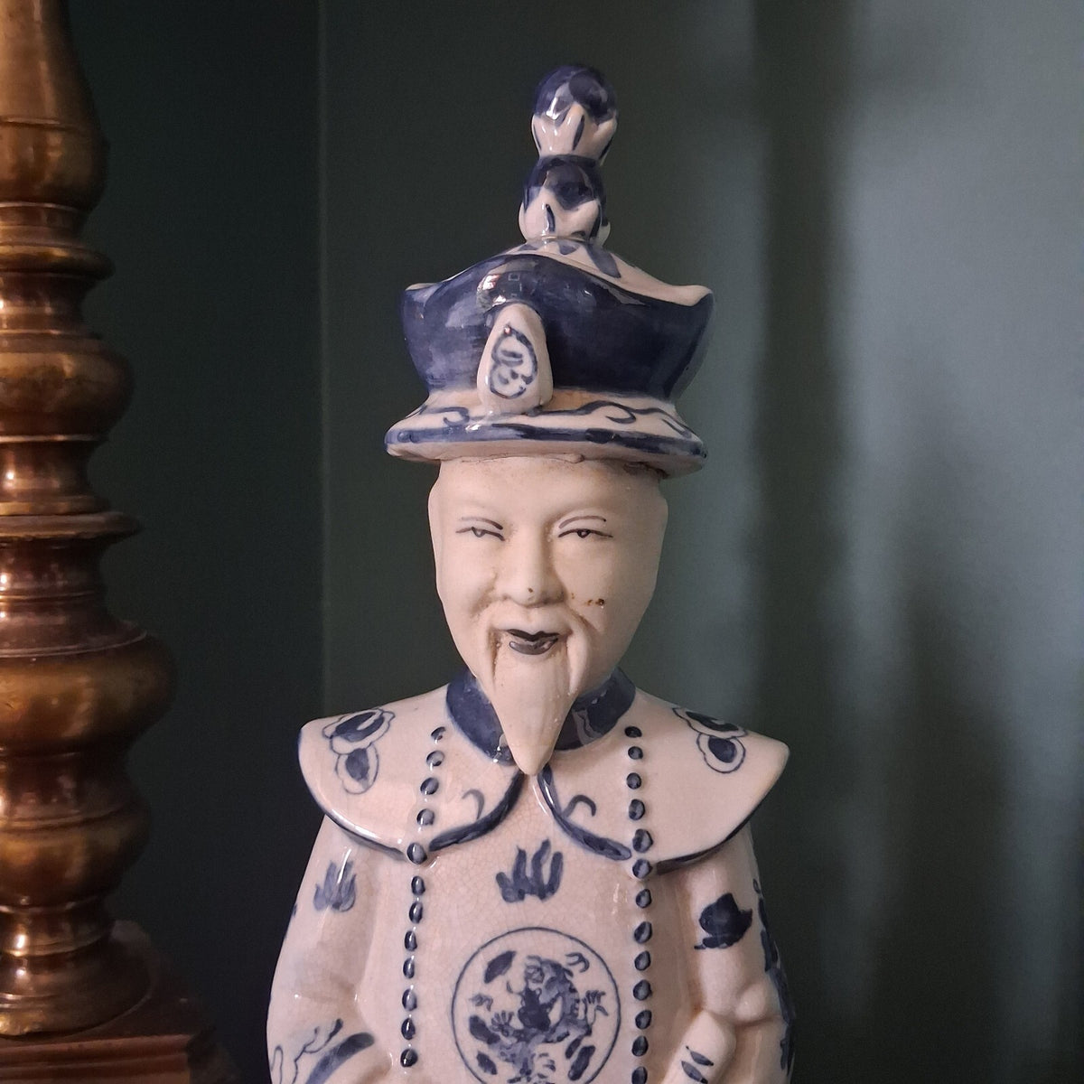 Vintage Blue and White Chinese Porcelain Emperor Figures - Pair of 13"