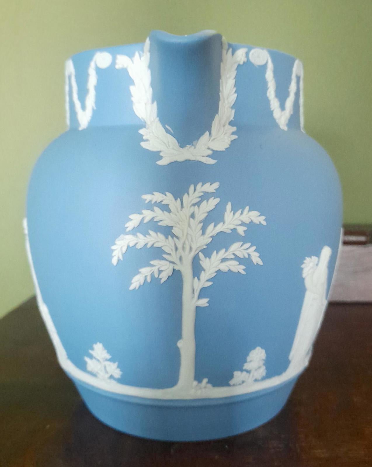 Wedgewood Jasperware blue jug 5" tall