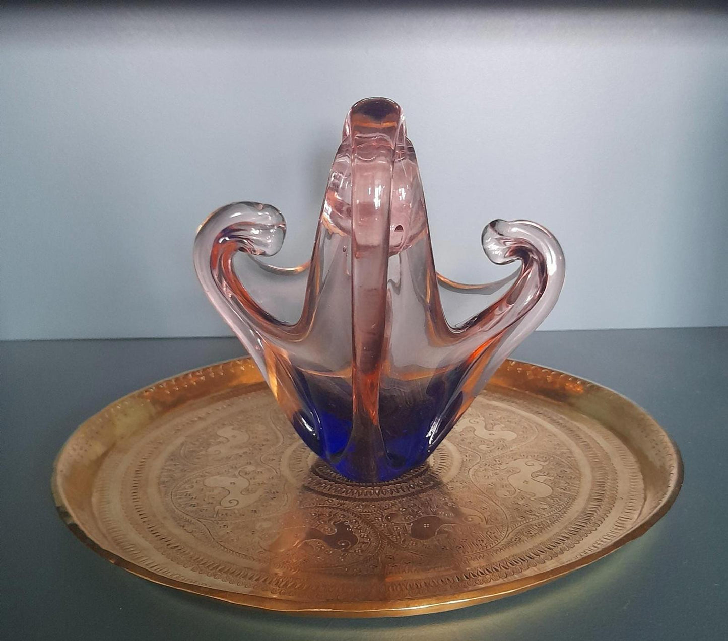 Vintage Blue & pink venetian style glass sculpture bowl possibly Murano