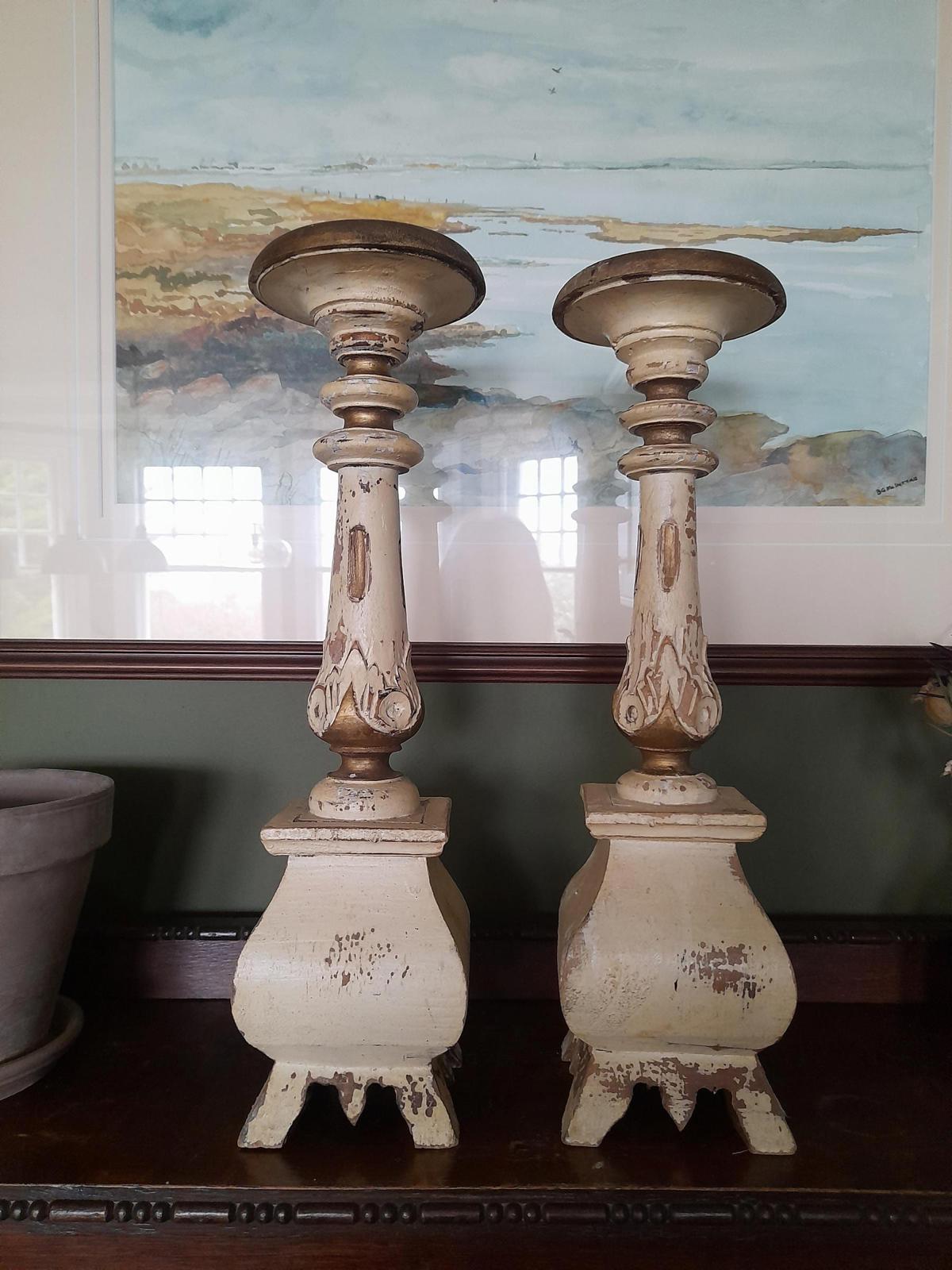 A pair of antique Swedish painted handmade wooden candlesticks c 1870