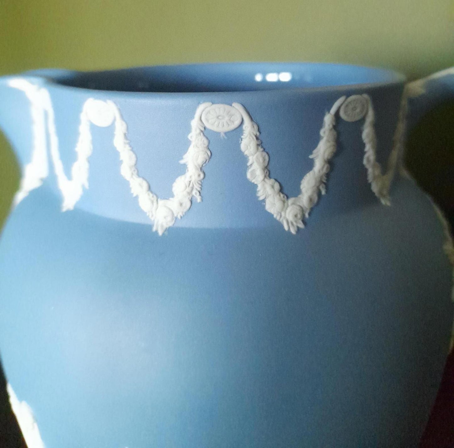 Wedgewood Jasperware blue jug 5" tall