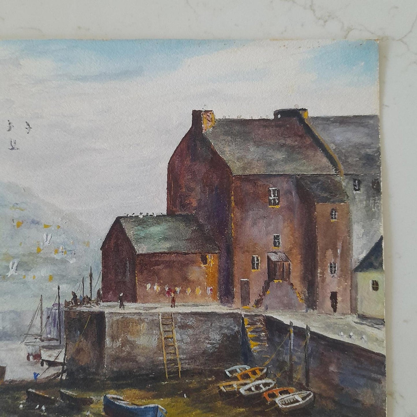 An original painting of a coastal harbor scene by the artist A F Akehurst.