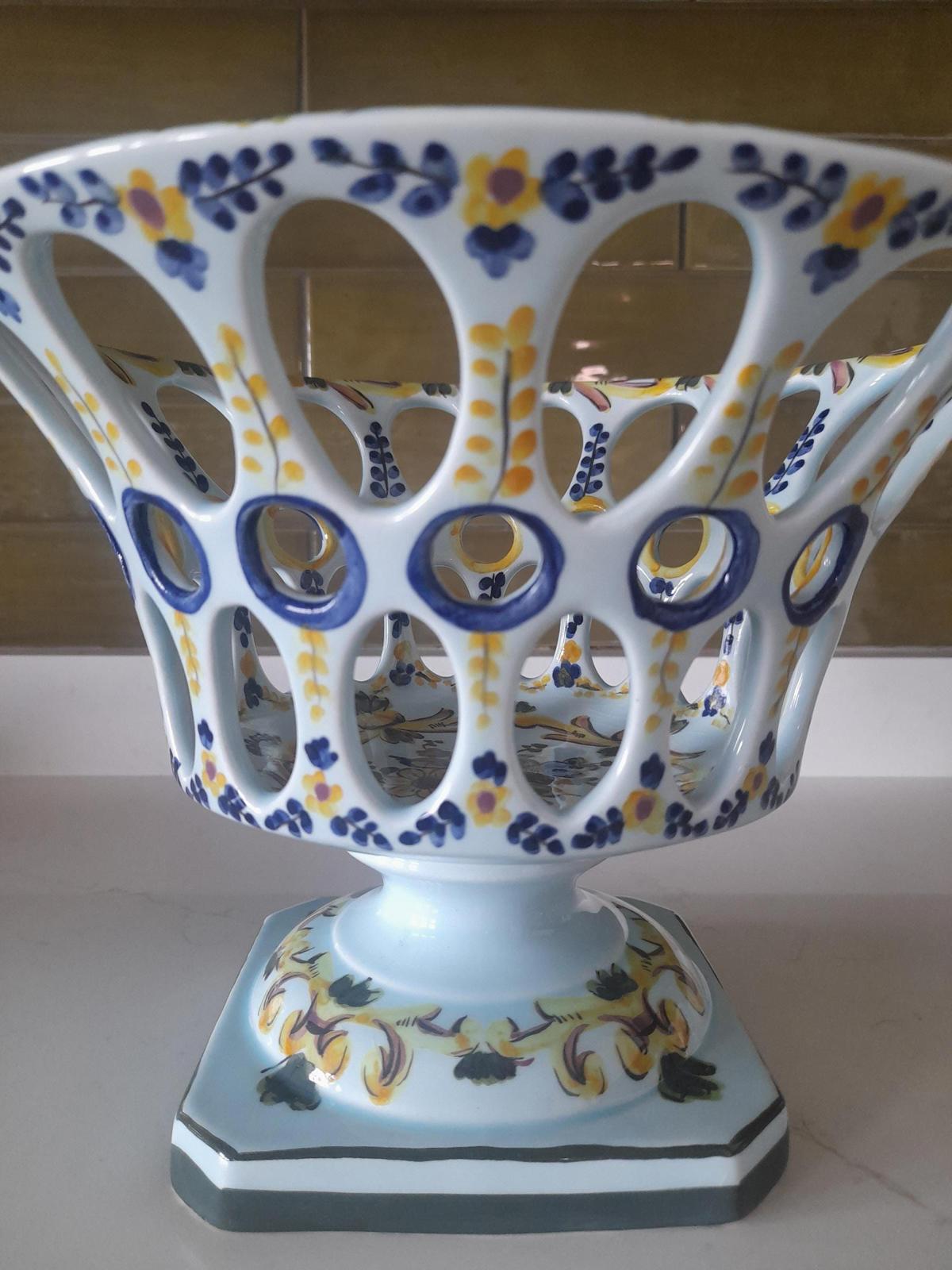 Portuguese ceramic fruit bowl on a pedestal base