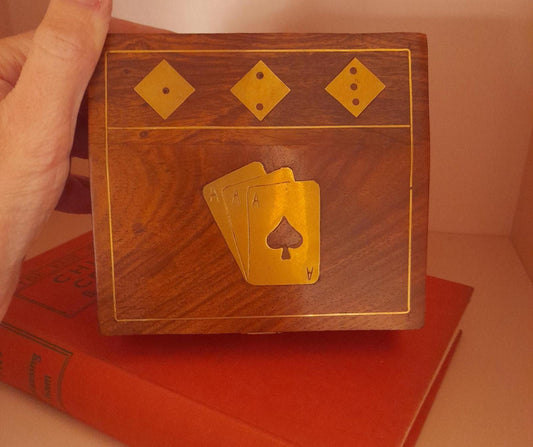 Wooden playing card and dice box with brass inlay