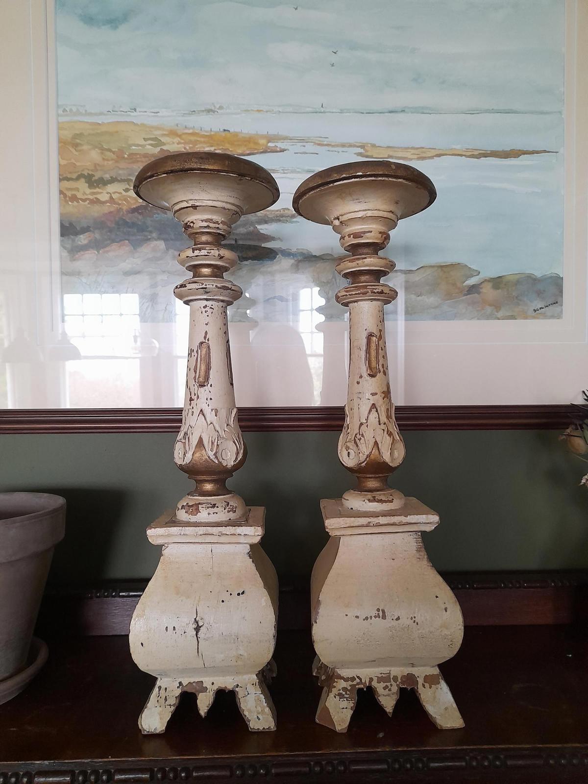 A pair of antique Swedish painted handmade wooden candlesticks c 1870