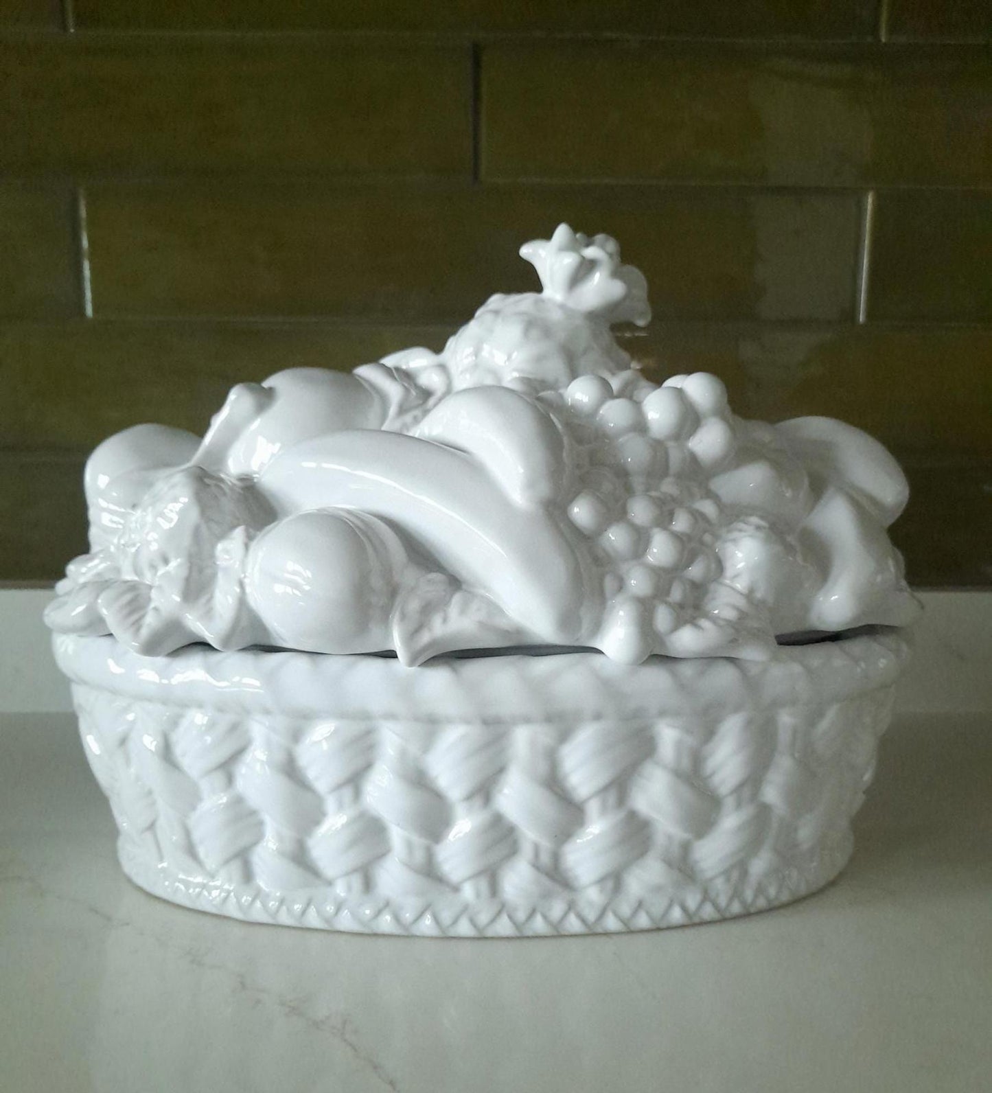 Bordallo Pinheiro large white fruit basket lidded dish