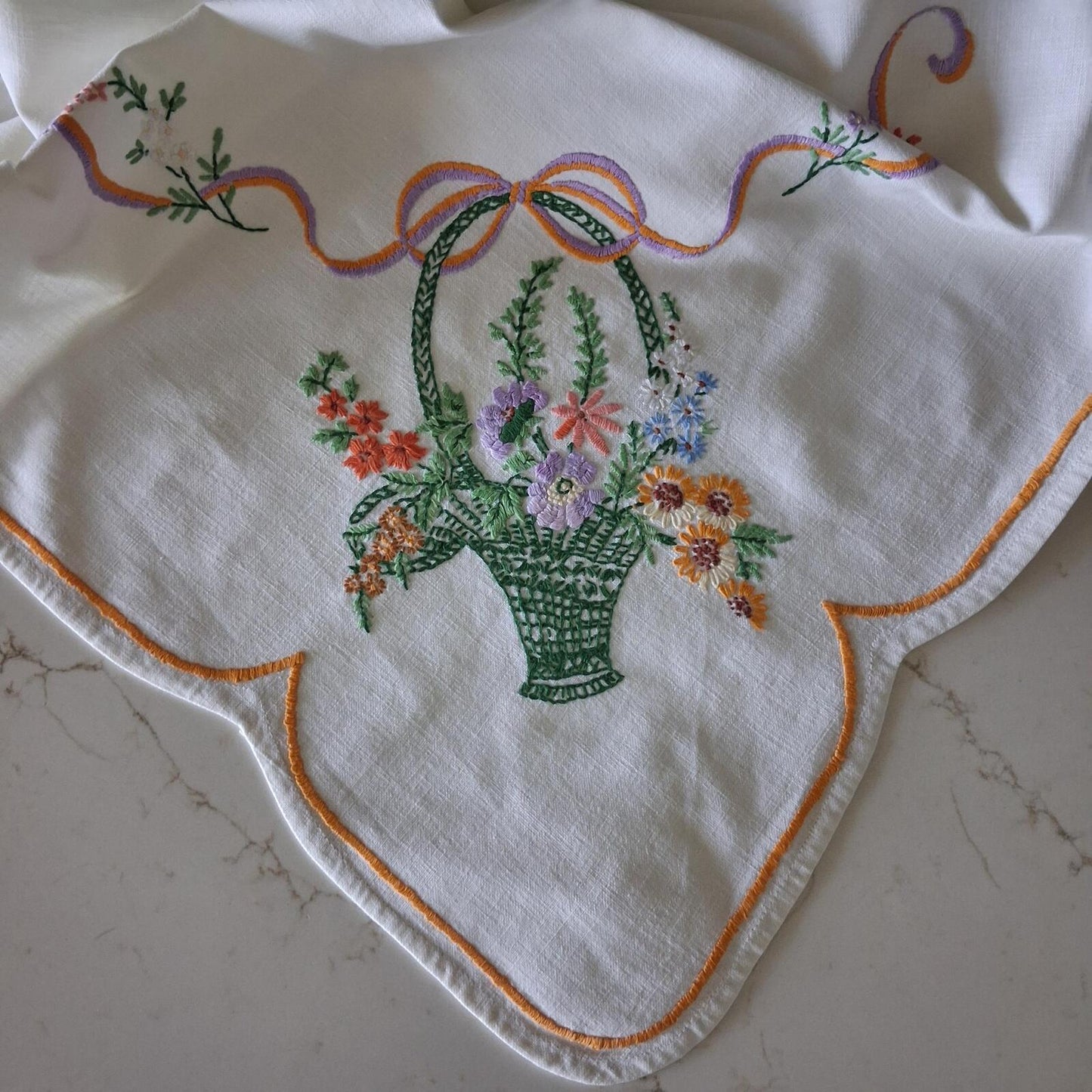 Beautiful vintage embroidered 1 metre square linen tablecloth
